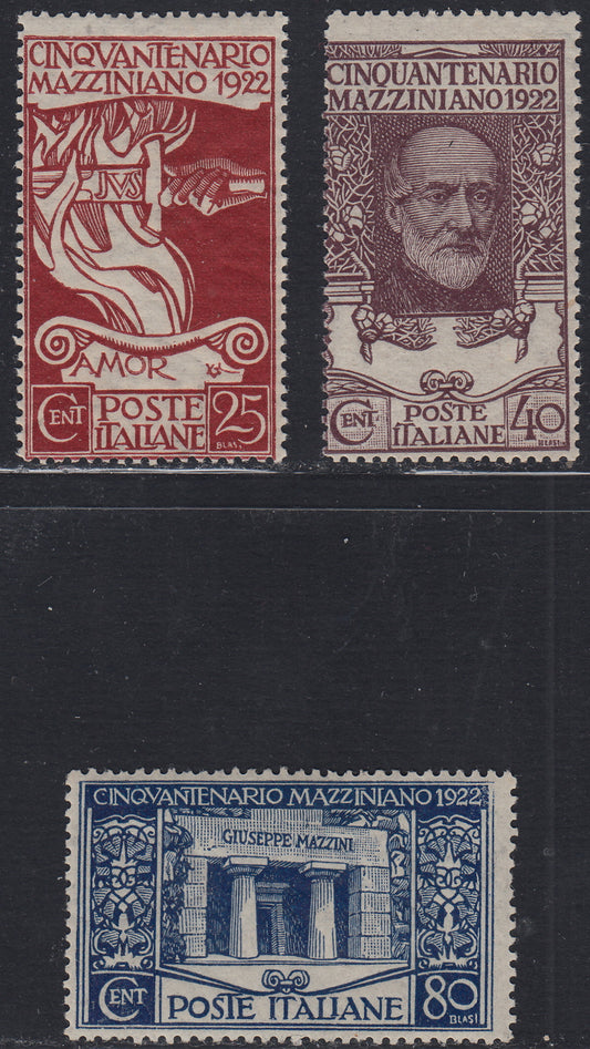 RN201 - 1922 - Fiftieth anniversary of the death of Giuseppe Mazzini, complete set of three new intact values. (128/130).