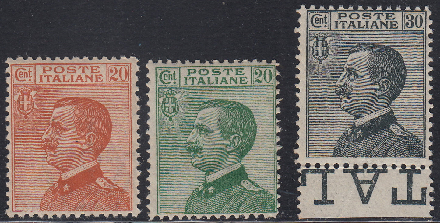 RN213 - 1925 - Michetti, type from 1908 in modified colours, c. 20 brownish orange, c. 20 green and c. 30 new gray intact tires (183/185)