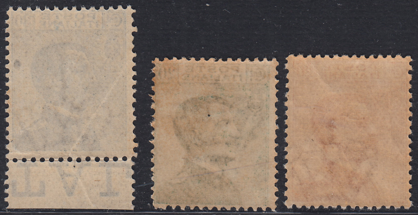 RN213 - 1925 - Michetti, type from 1908 in modified colours, c. 20 brownish orange, c. 20 green and c. 30 new gray intact tires (183/185)