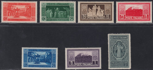 RN232 - 1929 - 14th centenary of the Abbey of Montecassino, complete set of seven new intact rubber values ​​(262/268)