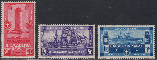 RN243 - 1931- fiftieth anniversary of the Royal Naval Academy of Livorno, complete set of three new intact rubber values ​​(300/302)