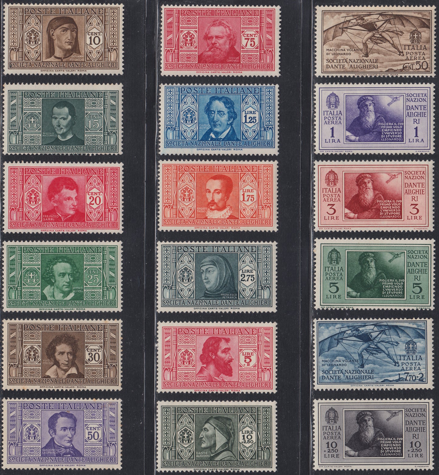 RN245 - 1932 - Pro Società Dante Alighieri, complete set of 12 PO values ​​+ 6 PA new intact rubber (303/314 + A26/31)