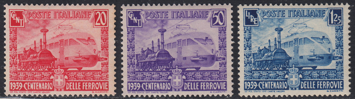 RN283 - 1939 - Centenary of the Italian Railways, new set of three values ​​with intact rubber. (449/451)