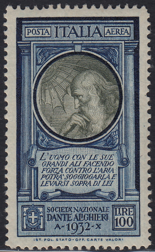 RN300 - 1932 - Pro società Dante Alighieri L. 100 azzurro e oliva nuovo con gomma integra e ottima centratura (41)