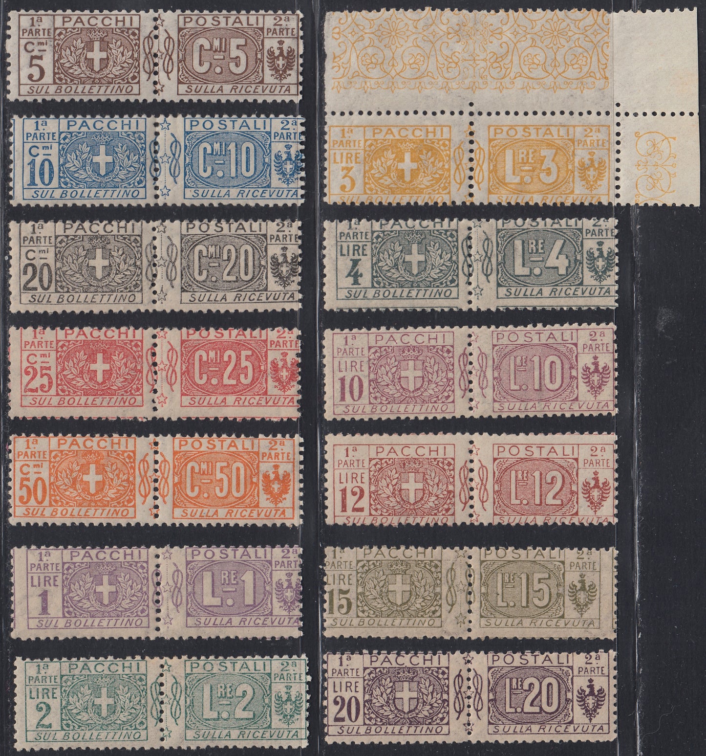 RN327 - 1927/8 - Postal Parcels, coat of arms and number on two sections with Savoy knot in the centre, series of 13 values, new rubber intact (S2101, 7/19)