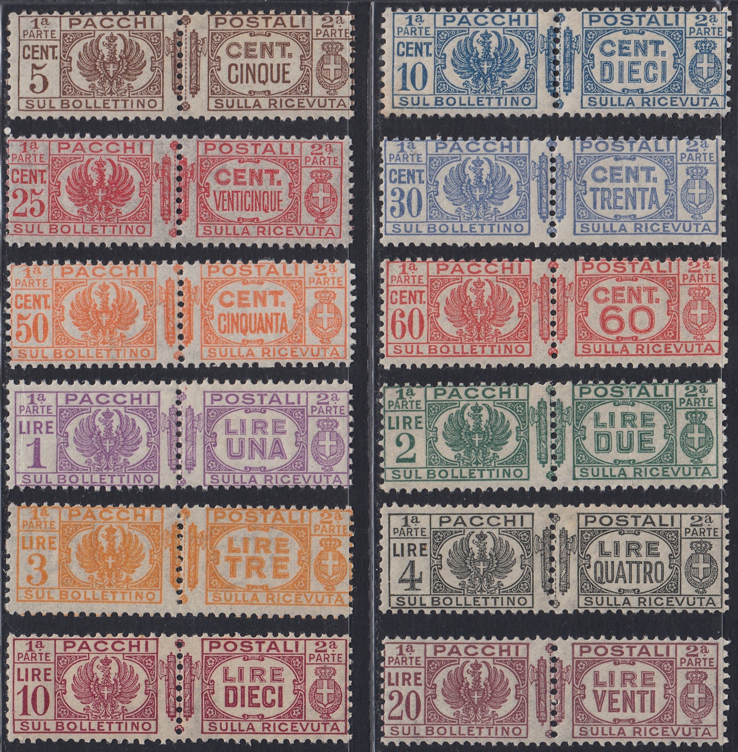 RN331 - 1914/22 - Postal Parcels, Savoy eagle on the left and stamp on the right with bundles in the centre, series of 12 stamps, new rubber intact (S2103, 24/35)