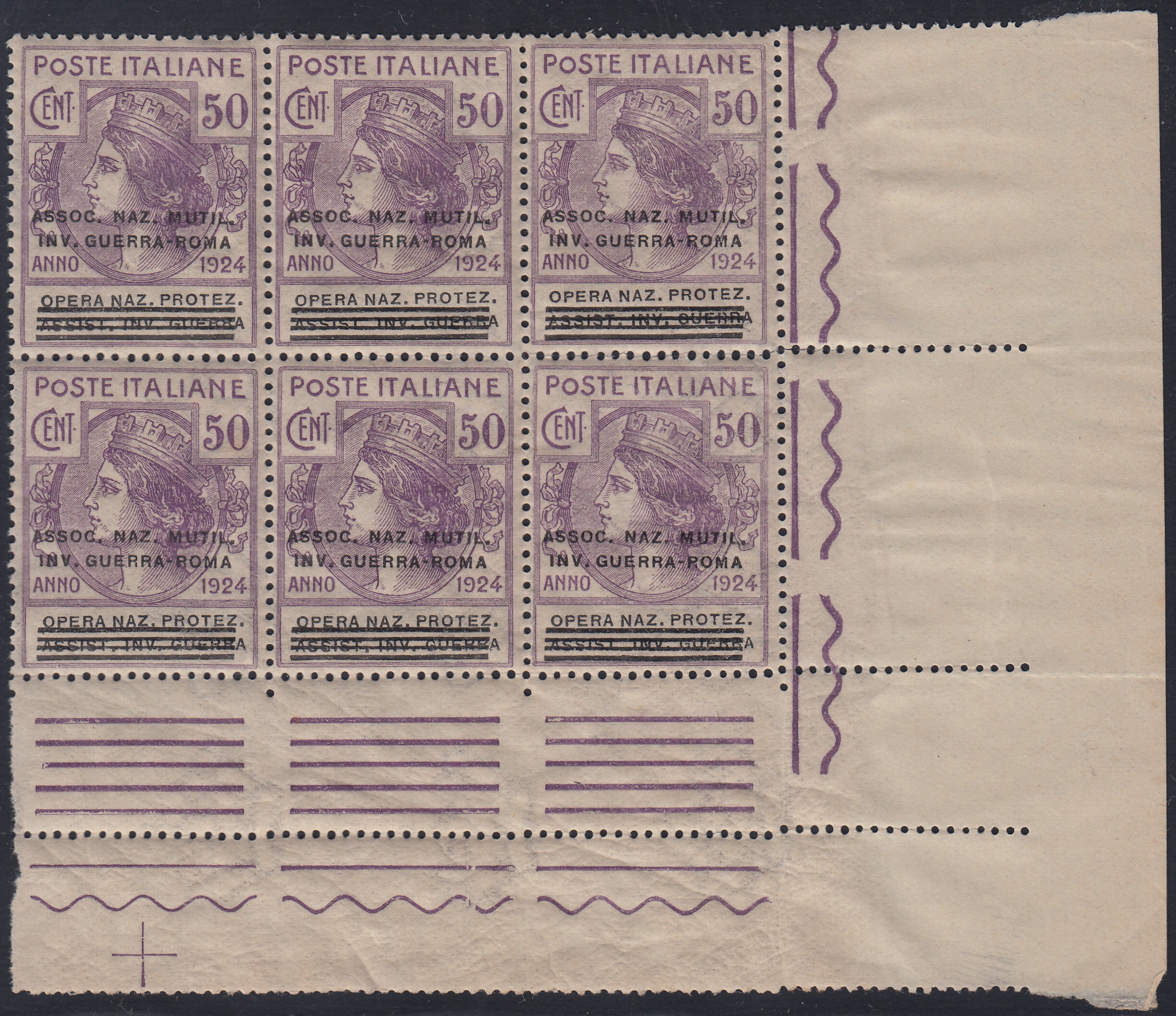 RN335 - 1924 - Parastatal bodies, Assoc. Nat. Mutil. Inv. Guerra Rome c. 50 violet block of six copies corner of new sheet with intact gum (9)