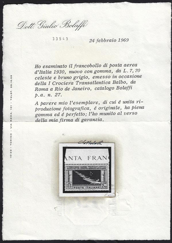 RN357 - 1930 - Crociera Transatlantica del Generale Balbo, L. 7,70 celeste e grigio nuovo con gomma integra (25)