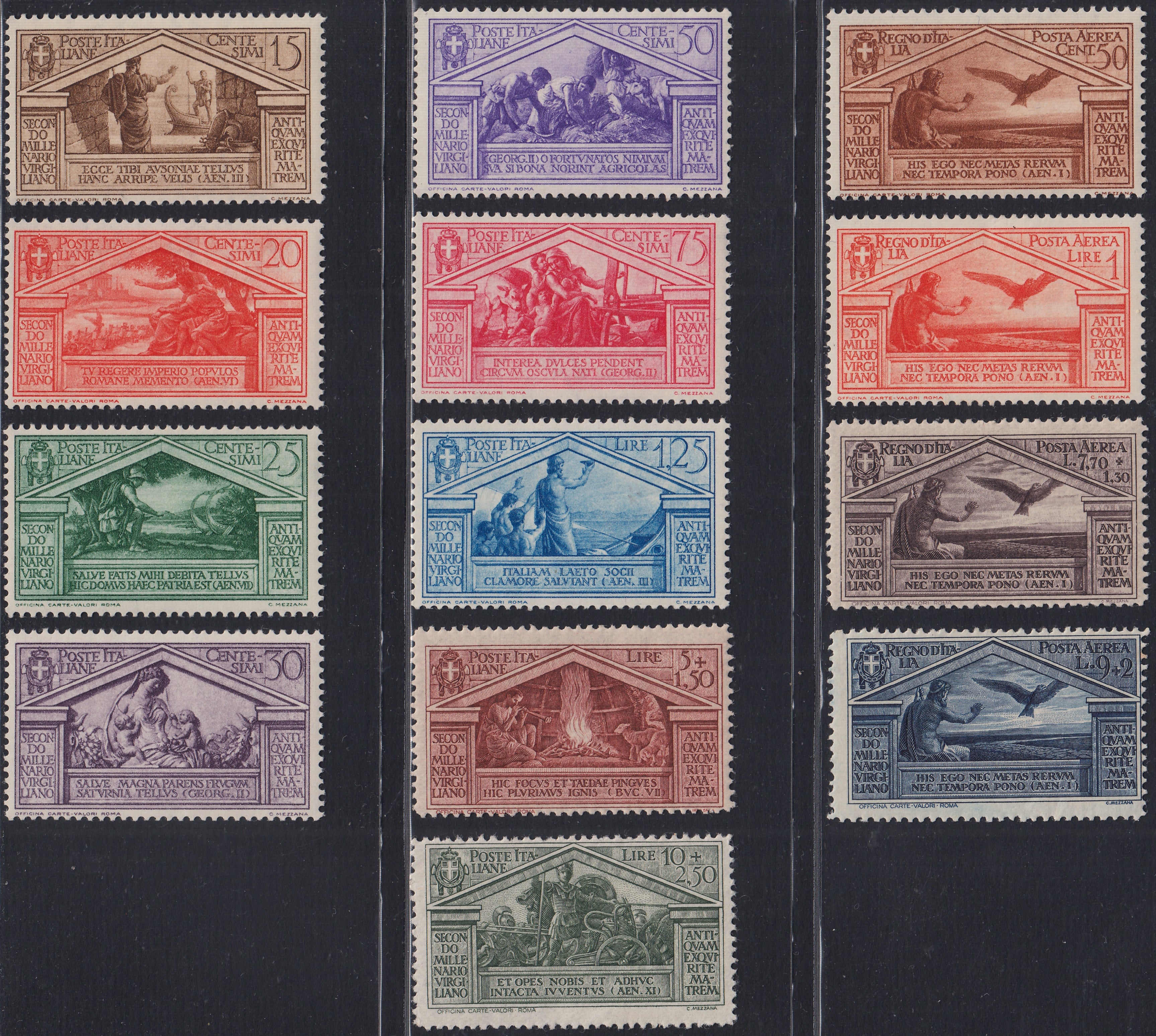 1930 – Virgilio, Ten cuttings of an advertising poster on thick cardboard with a perforated impression printed in black in the outline and diagonally the wording SAGGIO in block capitals.