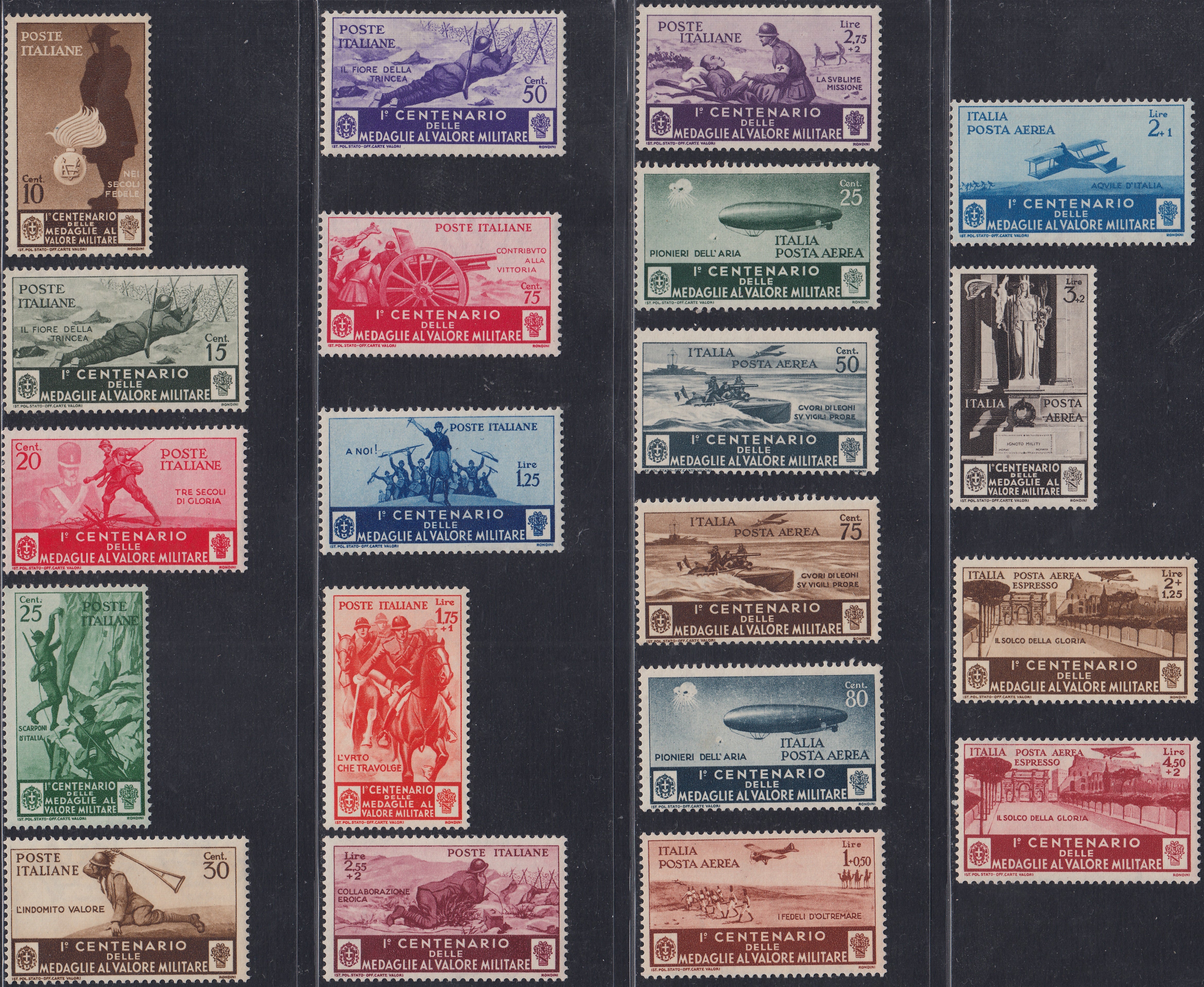 1930 – Virgilio, Ten cuttings of an advertising poster on thick cardboard with a perforated impression printed in black in the outline and diagonally the wording SAGGIO in block capitals.