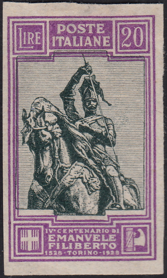 RN426 - 1928 - Lire 20 violetto e grigio verde non dentellato e con varietà "centro spostato in alto", nuovo non gommato (238h).