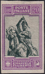 RN426 - 1928 - Lire 20 violetto e grigio verde non dentellato e con varietà "centro spostato in alto", nuovo non gommato (238h).