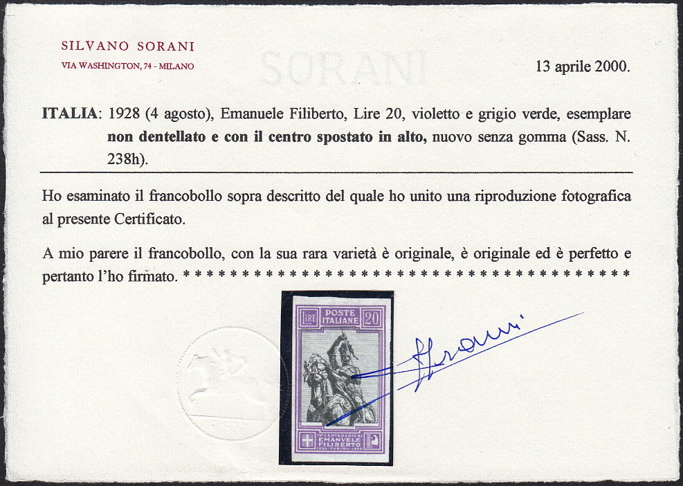 RN426 - 1928 - Lire 20 violetto e grigio verde non dentellato e con varietà "centro spostato in alto", nuovo non gommato (238h).