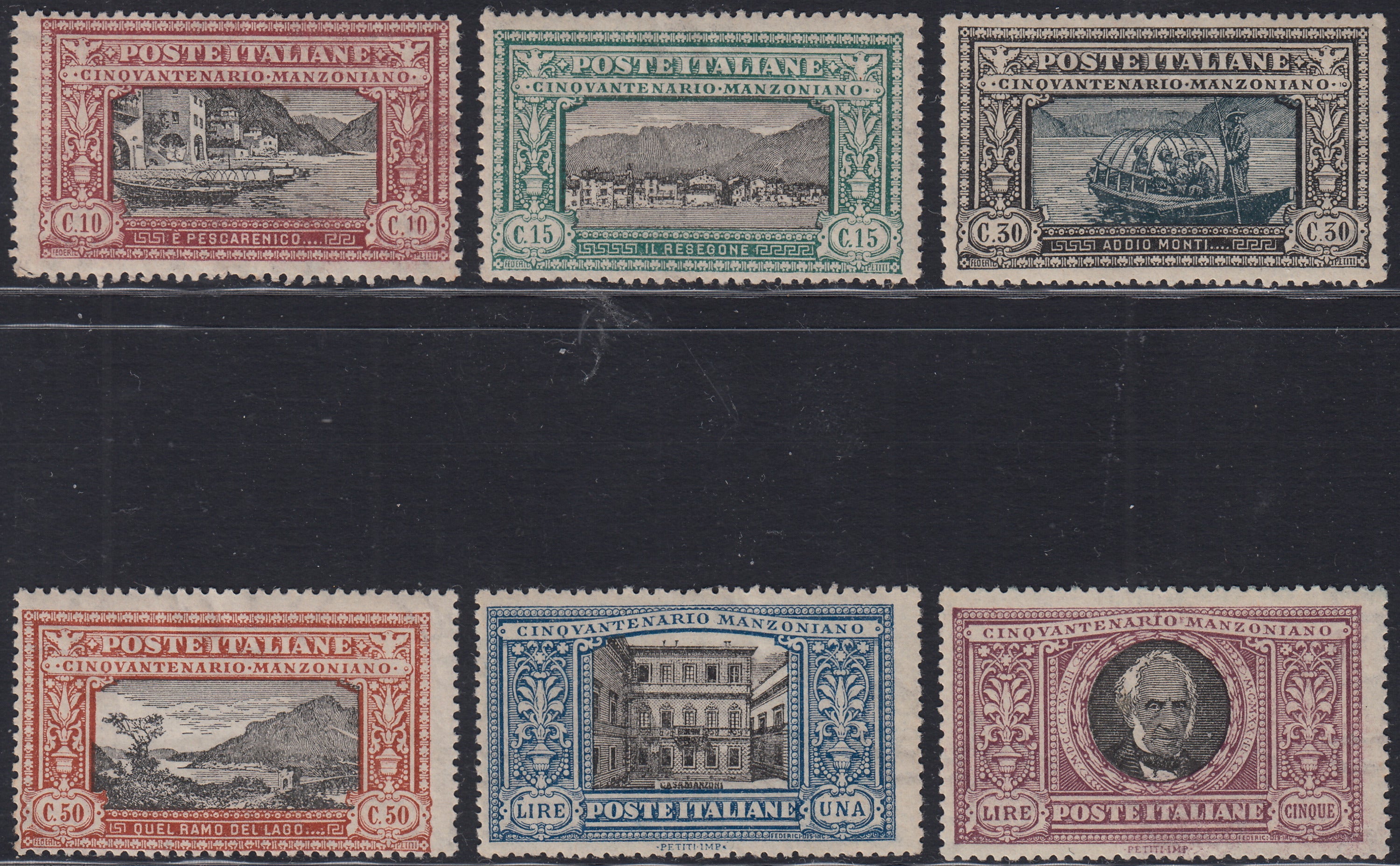 1930 – Virgilio, Ten cuttings of an advertising poster on thick cardboard with a perforated impression printed in black in the outline and diagonally the wording SAGGIO in block capitals.