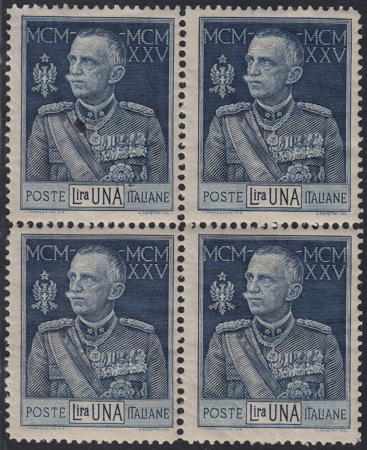 RN457_1 - 1925/26 - Regno d'Italia, Giubileo del Re, L. 1 azzurro dentellatura 13 1/2 quartina gomma originale (187)