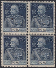 RN457_1 - 1925/26 - Regno d'Italia, Giubileo del Re, L. 1 azzurro dentellatura 13 1/2 quartina gomma originale (187)