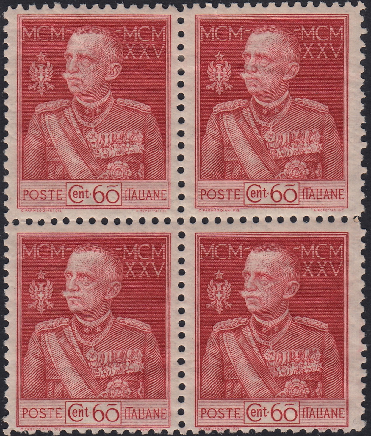 RN457_2 - 1925/26 - Regno d'Italia, Giubileo del Re, c. 60 carminio dentellatura 11 quartina gomma originale (189)