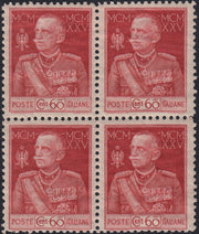RN457_2 - 1925/26 - Regno d'Italia, Giubileo del Re, c. 60 carminio dentellatura 11 quartina gomma originale (189)