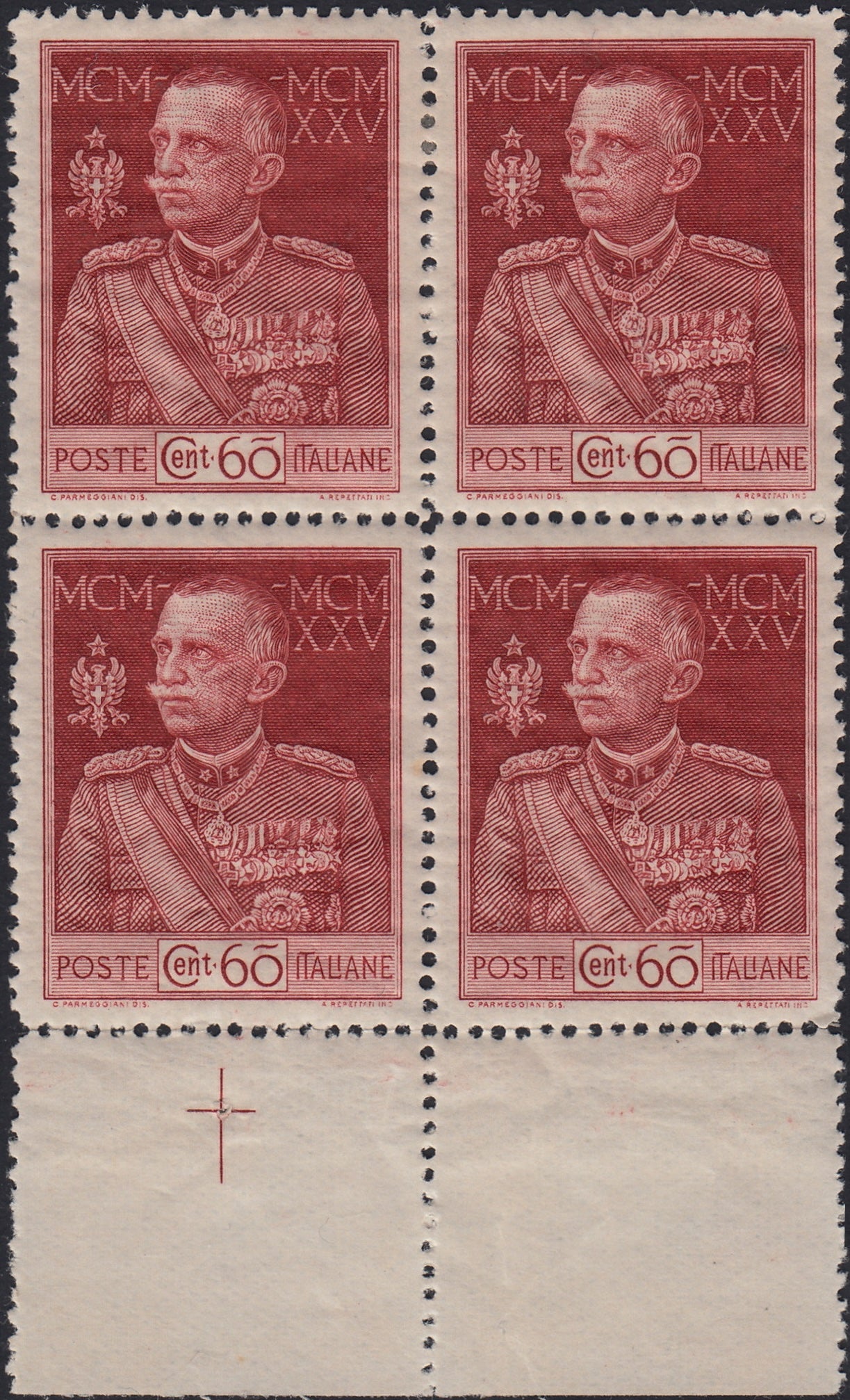 RN457_3 - 1925/26 - Regno d'Italia, Giubileo del Re, c. 60 rosso bruno dentellatura 13 1/4 quartina gomma originale (186a)