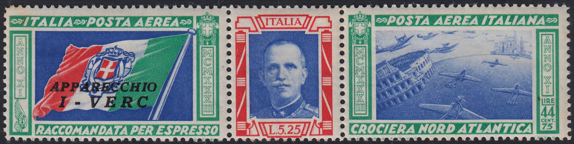 RN463 - 1933 - Crociera Nord Atlantica, trittico I - VERC (Pilota Alessandro Vercelloni) esemplare da L. 5,25+44,75 nuovo con gomma originale (52N)
