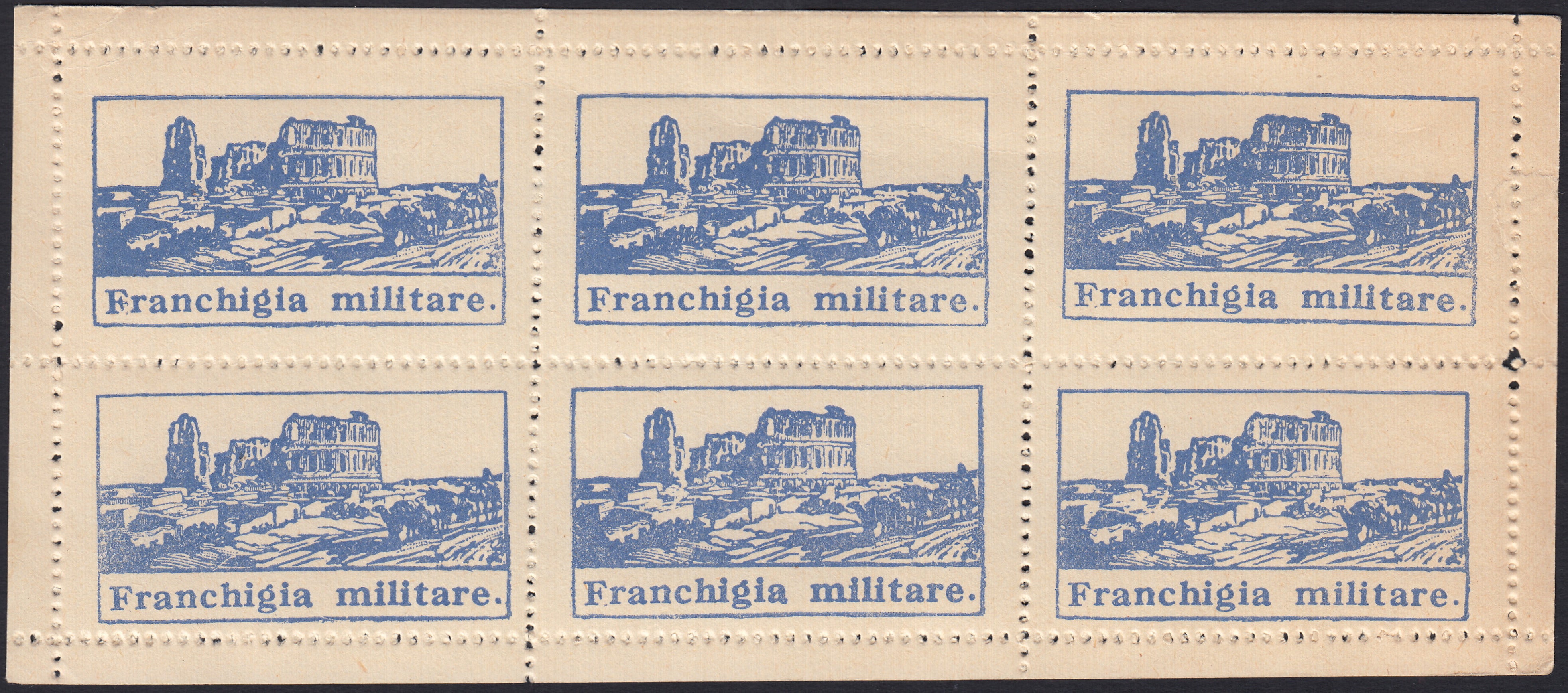 RN467 - Franchigia Militare, emissione di Tunisi, foglietto completo di sei esemplari azzurro oltremare nuovo integro (1)