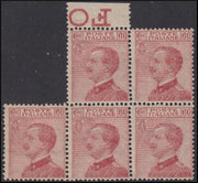 RN65 - 1917-20 - Effige di V. E. III volta a sinistra, blocco di 5 esemplari del c. 60 carminio con varietà " stampa incopleta o evanescente " nuovo con gomma integra (111b)