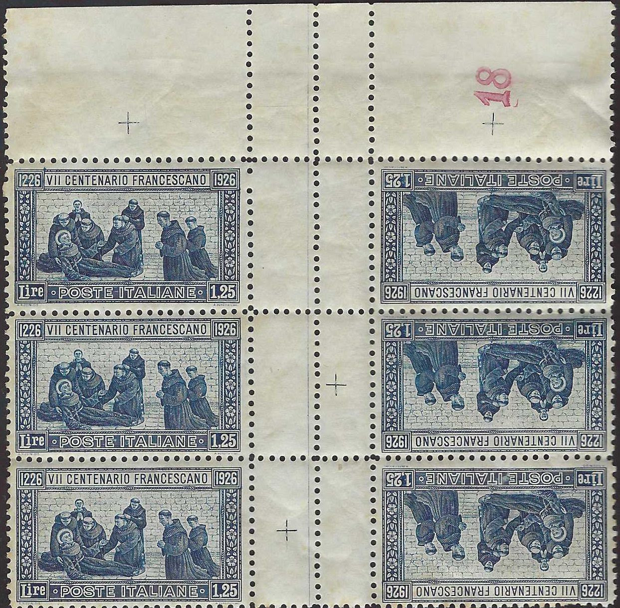 RNBL1 - 1926 - 7° centenario della morte di San Francesco L. 1,75 blocco di 6 esemplari composto da tre coppie in Tete Beche separate da interspazio orizzontale, dentellatura 11, nuovo con gomma integra (199n)