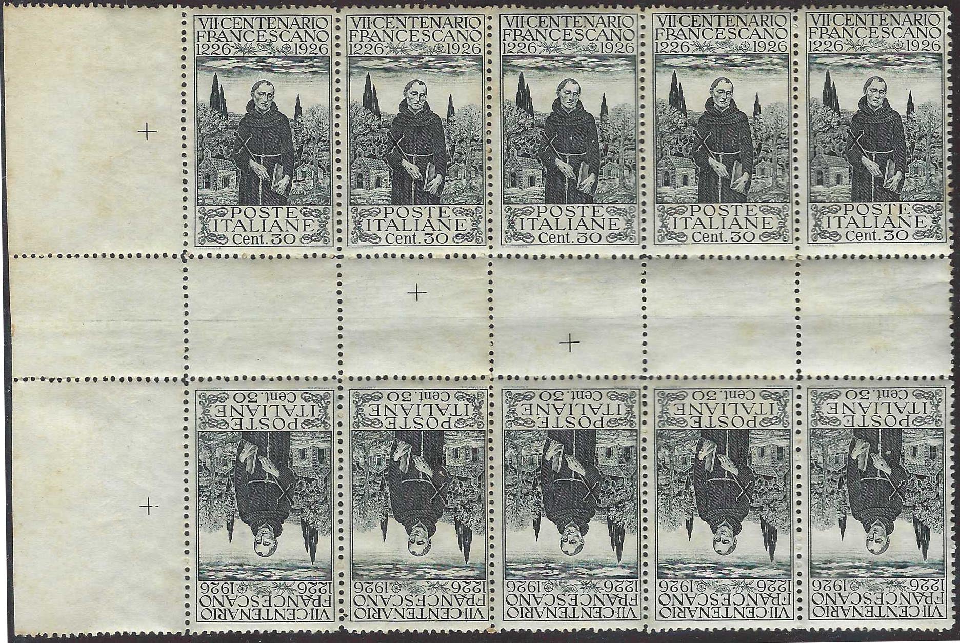 RNBL2 - 1926 - 7° centenario della morte di San Francesco c. 30 nero blocco di 10 esemplari composto da cinque coppie in Tete Beche separate da interspazio orizzontale, dentellatura 13 1/2, nuovo con gomma integra (193n)
