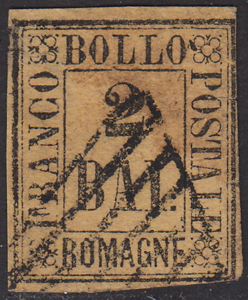 ROM42 - 1859 - Cifra in un rettangolo 2 baj giallo arancio usato con annullo originale (3)