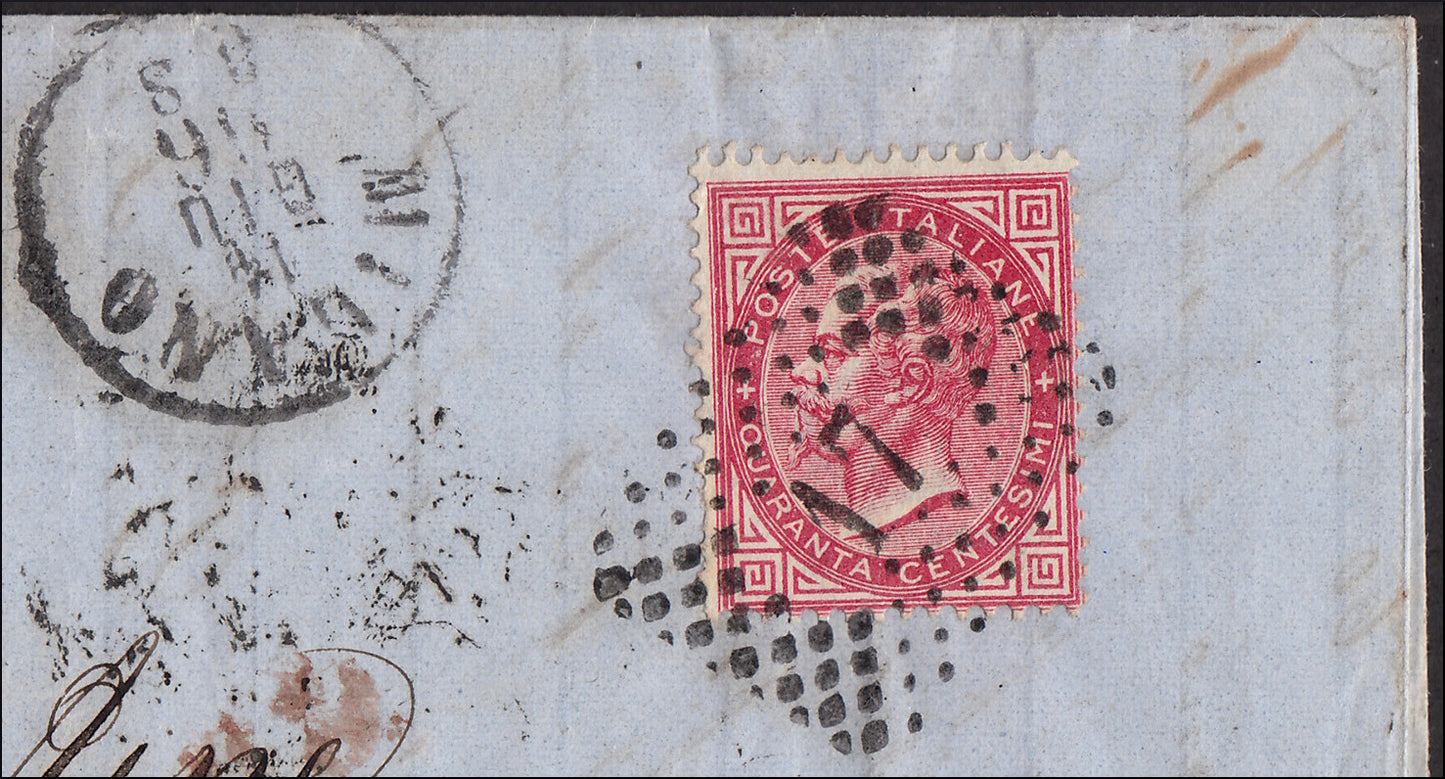 RR92 - 1866 - Carta enviada desde Milán a Bruselas el 14/6/66 franqueada con c. 40 rosa carmín edición Londres (L20)