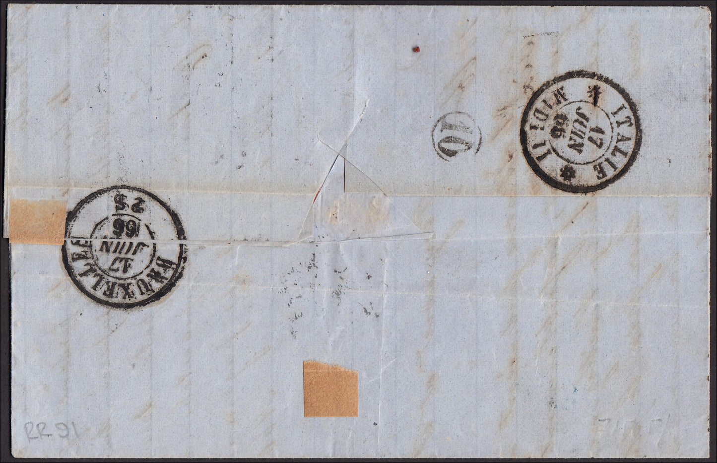 RR92 - 1866 - Carta enviada desde Milán a Bruselas el 14/6/66 franqueada con c. 40 rosa carmín edición Londres (L20)