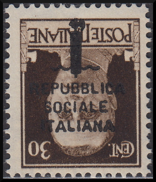RSI130 - 1944 - Imperiale, c. 30 bruno con soprastampa tipo "k" in nero capovolta invece che tipo "l" in rosso, nuovo gomma integra (492Ba)