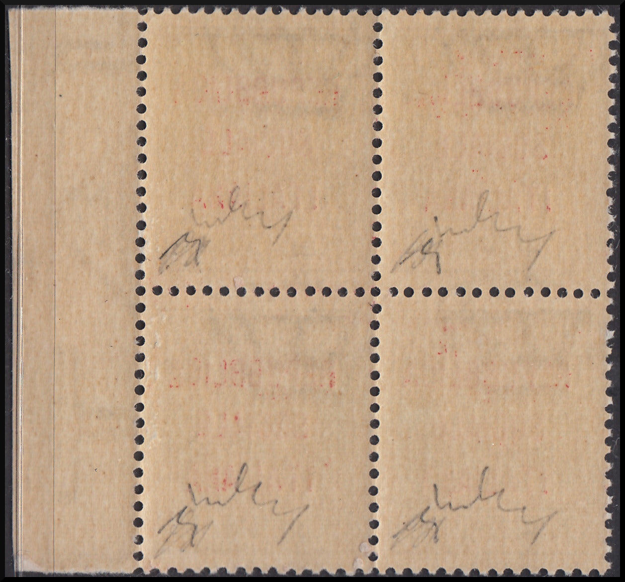 RSI134 - 1944 - Imperiale, c. 30 bruno con soprastampa tipo "m" in rosso invece che "l", blocco di quattro esemplari nuovo gomma integra (492BA)