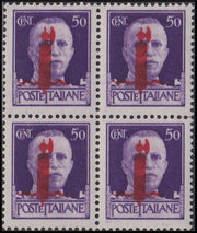 RSI135 - 1944 - Imperiale, c. 50 violetto con soprastampa tipo "l" in rosso invece che "m", blocco di quattro esemplari nuovo gomma integra (493BA)