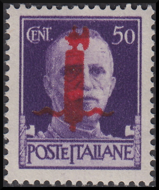 RSI138 - 1944 - Imperiale, c. 50 violetto con soprastampa tipo "l" in rosso invece che tipo "m" in rosso, nuovo gomma integra (493BA)
