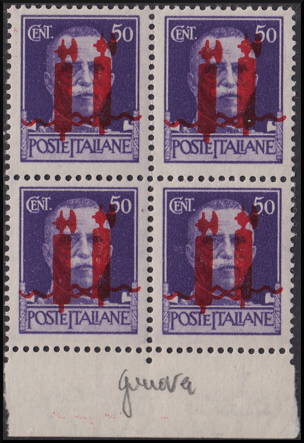 RSI142 - 1944 - Imperiale, c. 50 violetto con doppia soprastampa tipo "l" invece che "m", blocco di quattro esemplari nuovo gomma integra (493BAb)