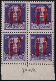 RSI142 - 1944 - Imperiale, c. 50 violetto con doppia soprastampa tipo "l" invece che "m", blocco di quattro esemplari nuovo gomma integra (493BAb)