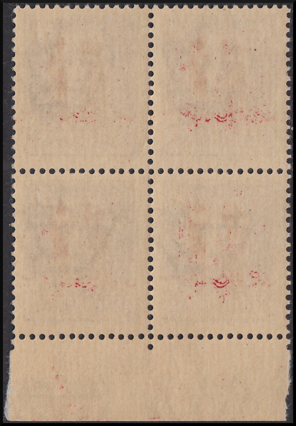 RSI142 - 1944 - Imperiale, c. 50 violetto con doppia soprastampa tipo "l" invece che "m", blocco di quattro esemplari nuovo gomma integra (493BAb)