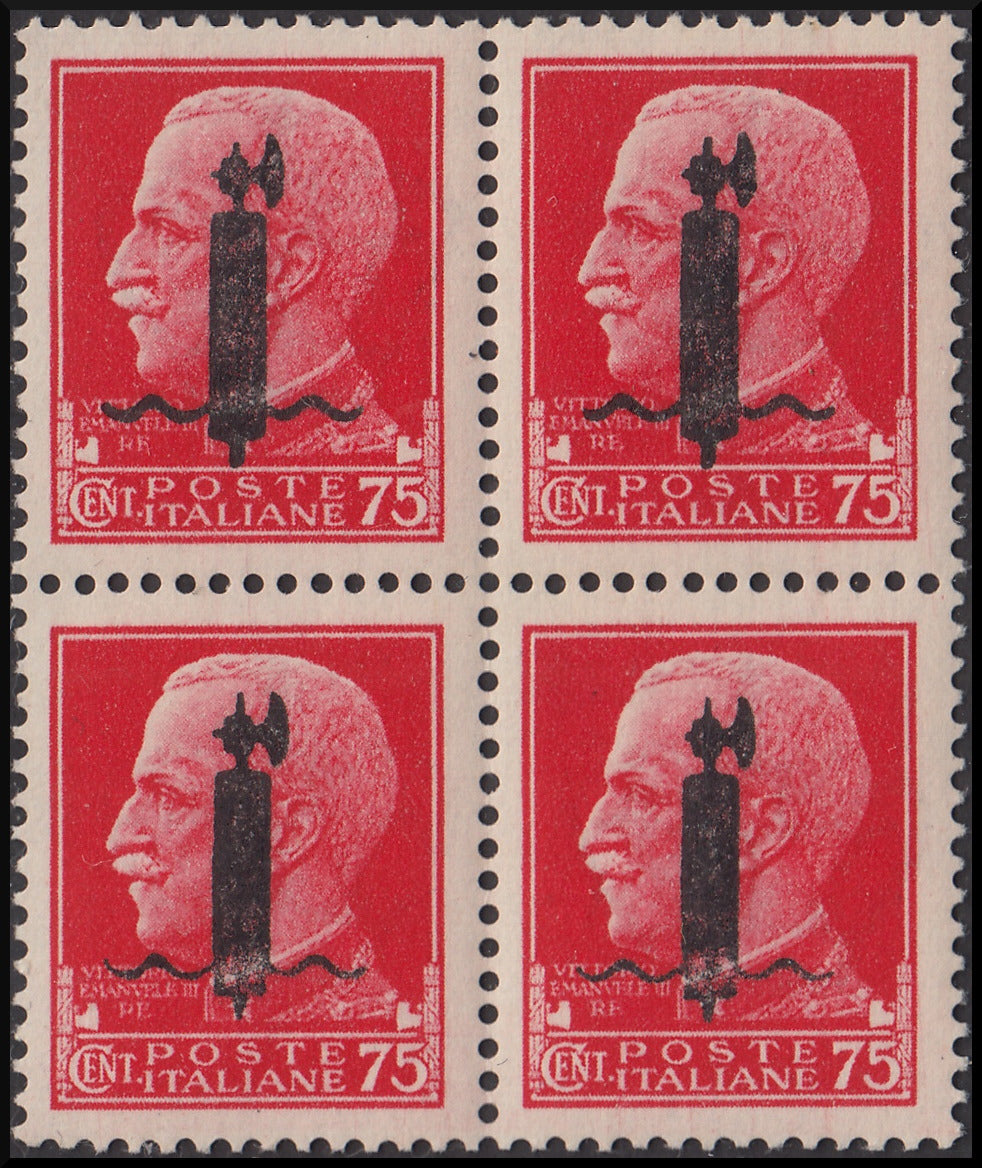 RSI151 - 1944 - Imperiale, c. 75 carminio con soprastampa tipo "l" invece che "k", blocco di quattro esemplari nuovo gomma integra (494C)