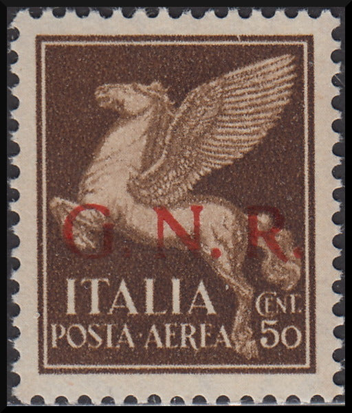RSI168 - 1944 - Posta Aerea di Regno soprastampata G.N.R. tiratura di Verona con errore di colore della soprastampa, c. 50 bruno in rosso invece che nero nuovo gomma integra (117A)