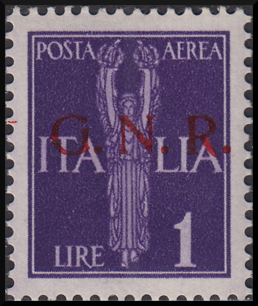 RSI169 - 1944 - Posta Aerea di Regno soprastampata G.N.R. tiratura di Verona con errore di colore della soprastampa, L.1 violetto in rosso invece che nero nuovo gomma integra (121A)