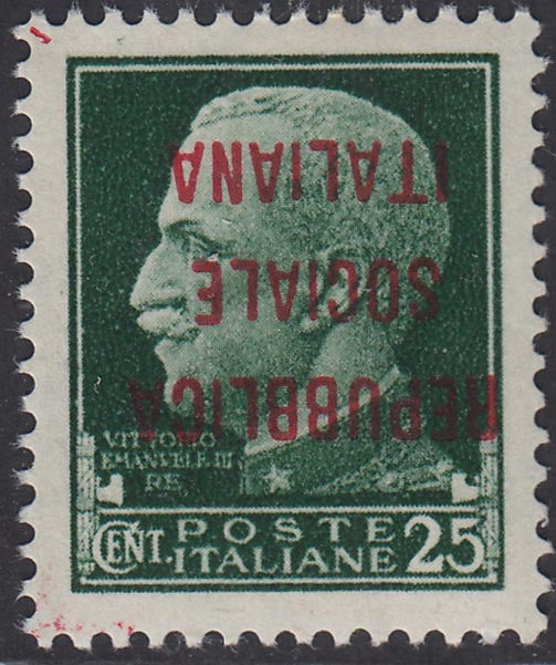 RSI180 - 1944 - R.S.I. - Scambo di soprastampa, c. 25 verde con soprastampa tipo "m" invece di "l" in rosso e capovolta, nuovo gomma integra (490Ba)