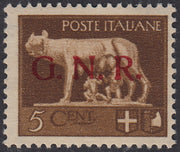 RSI196 - 1944 - GNR tiratura di Verona, c. 5 bruno con errore di colore di soprastampa G.N.R. rossa invece che nera, nuovo gomma integra (470A)