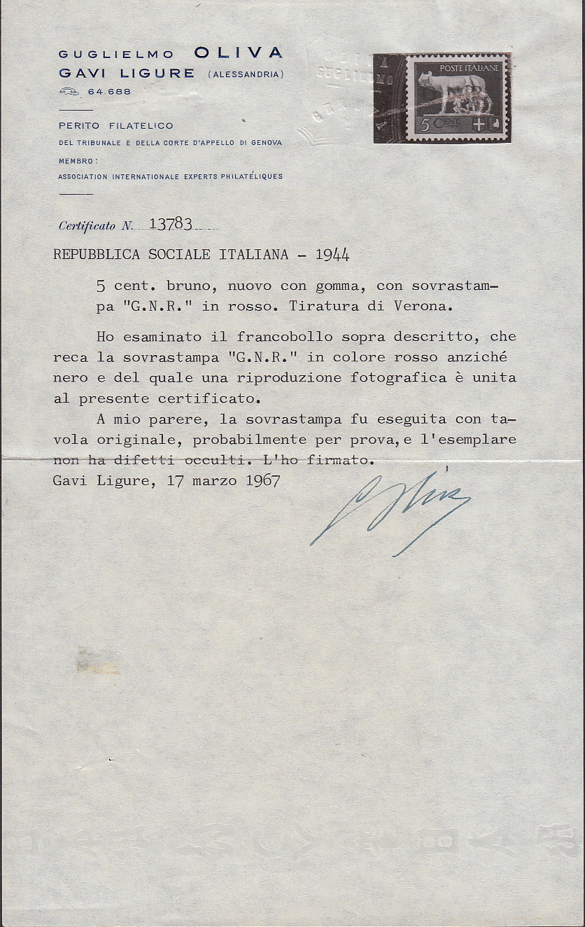 RSI196 - 1944 - GNR tiratura di Verona, c. 5 bruno con errore di colore di soprastampa G.N.R. rossa invece che nera, nuovo gomma integra (470A)