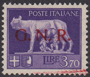 RSI226 - 1944 - GNR tiratura di Verona, L. 3,70 violetto con errore di colore di soprastampa G.N.R. rossa invece che nera, nuovo gomma integra (484A)