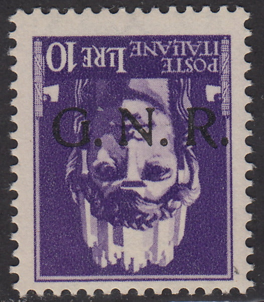 RSI303 - 1944 - GNR tiratura di Verona, L. 10 violetto con soprastampa capovolta nuovo gomma integra (486a)