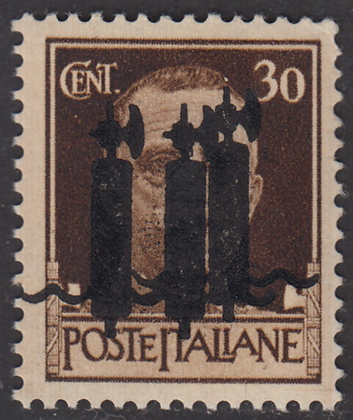 RSI326 - 1944 - Imperiale, c. 30 bruno con tripla soprastampa tipo "l" in nero invece che in rosso nuovo gomma integra (492Ag)