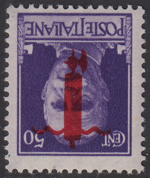RSI337 - 1944 - Imperiale, c. 50 violetto con soprastampa tipo "l" in rosso capovolta invece che tipo "m" in rosso, nuovo gomma integra (493BAa)