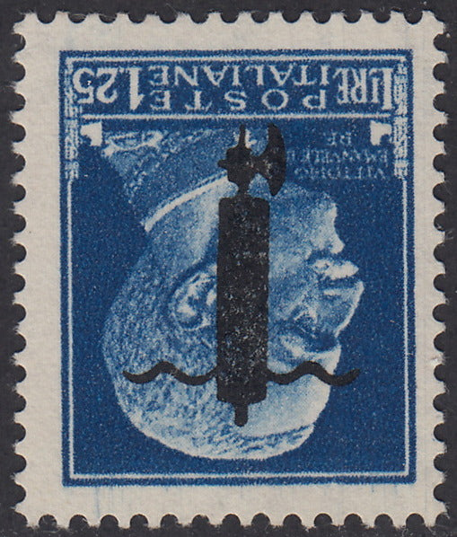 RSI354 - 1944 - Imperiale, L. 1,25 azzurro con soprastampa tipo "l" in nero capovolta invece che in rosso, nuovo gomma integra (495Aa)
