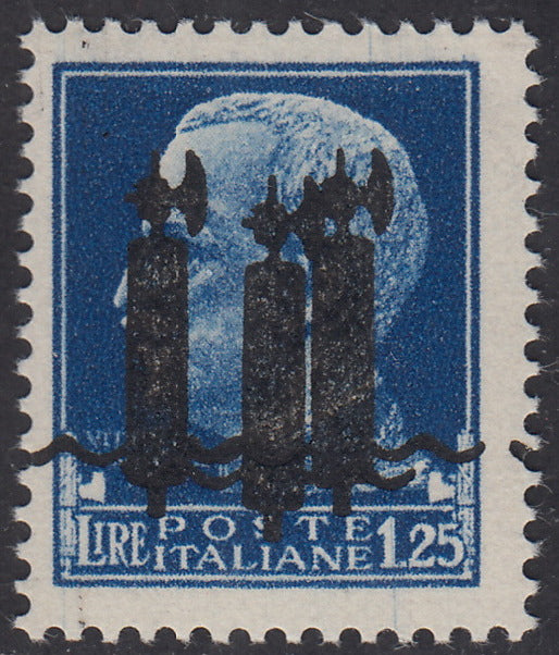 RSI386 - 1944 - Imperiale, L. 1,25 azzurro con tripla soprastampa tipo "l" in nero invece che in rosso, nuovo gomma integra (495Ag)